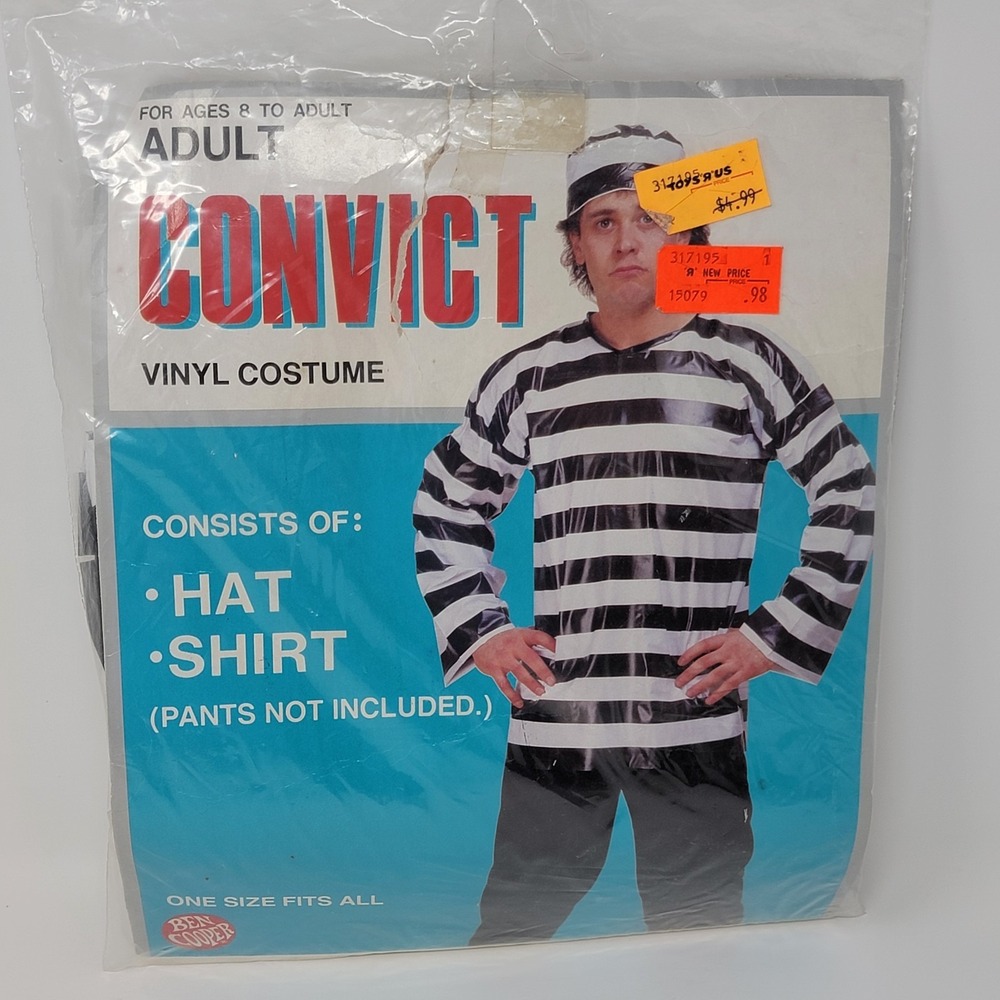 Vintage Adult Ben Cooper Convict Black White Stripe Vinyl Halloween Costume OSFA